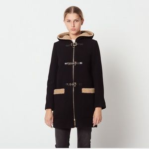 Sandro Shearling Trim Wool Blend Duffle Coat S